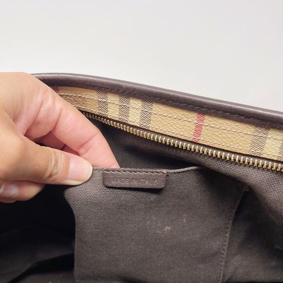 Burberry Brown Beige Haymarket Check Canvas Regent Grommet Tote Bag Double Strap - Picture 11 of 16